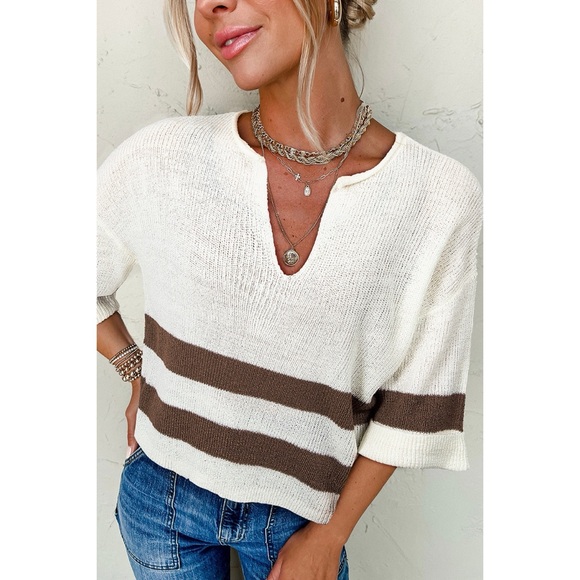 Sweaters - Brown Striped V Neck Cropped Sweater T Shirt